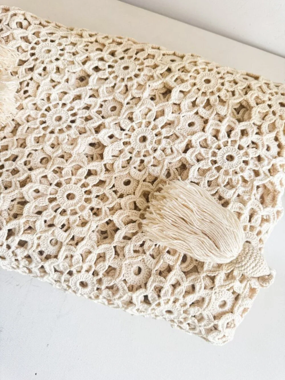 Vintage Crochet Tassel Detail Large Table Cloth